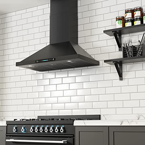 IKTCH 30 inch Black Wall Mount Range Hood, 900 CFM Ducted/Ductless Stainless Steel Vent Hood with Gesture Sensing & Touch Control Switch Panel, 2 Pcs Adjustable Lights(IKP02-30-BSS)