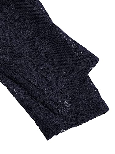 WDIRARA Women's Floral Lace Panel Long Mesh Sleeve Round Neck Keyhole Back Formal Flared A Line Short Dress Navy Blue 8Y