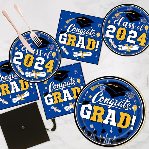 Graduation Party Plates and Napkins 2024, Blue and Gold Graduation Party Supplies Congrats Grad Party Decorations Class of 2024, Graduation Tablecloth,Banner,Serve 25