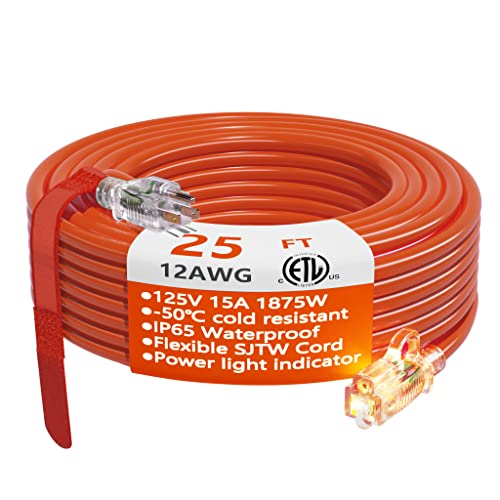 HUANCHAIN 3 Pack 3 ft 12/3 Gauge Heavy Duty Outdoor Extension Cord Waterproof with Lighted, Flexible Cold Weather 3 Prong Electric Cord Outside, 15A 1875W 125V 12AWG, Yellow, ETL Listed