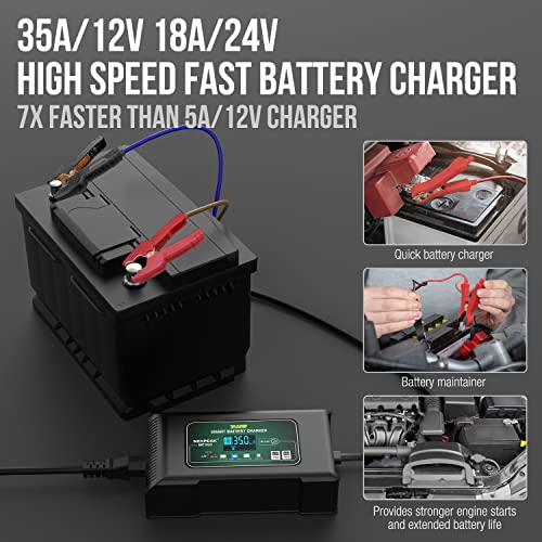 35-Amp Car Battery Charger, 12V and 24V Smart Fully Automatic Battery Charger Maintainer Trickle Charger w/Temperature Compensation for Car Truck Lawn Mower Boat Lead Acid Lithium LiFePO4 Batteries