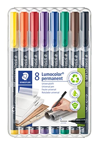 Staedtler Lumocolor Universal Pen, Felt Tip, Permanent Marker, Box of 8 Assorted Color Pens, 0.4mm 313 WP8
