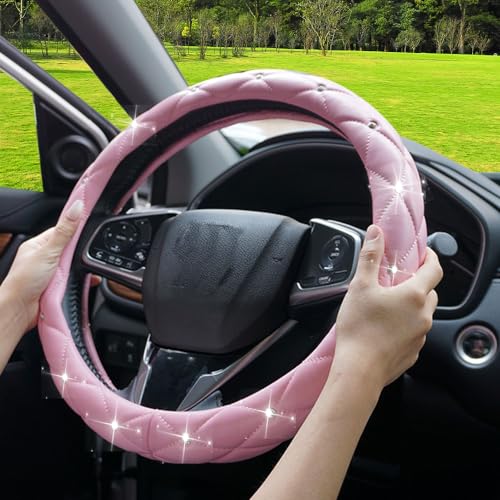 YOGURTCK Cute Diamond Soft Light Pink Leather Anti-Slip Steering Wheel Cover with Bling Bling Crystal Rhinestones, Universal 15 Inch for Women Girls, Fit Vehicles, Sedans, SUVs, Vans, Trucks