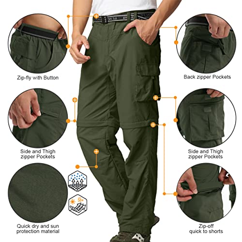 Men's Outdoor Quick Dry Convertible Lightweight Hiking Fishing Zip Off Cargo Work Pants Trousers,Army Green,29