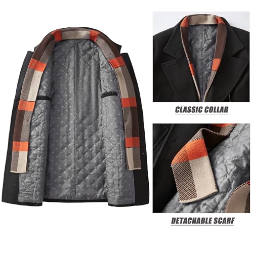 WULFUL Men’s Wool Blend Winter Coat Slim Fit Short Trenchcoat Warm Business Jacket with Detachable Soft Wool Scarf