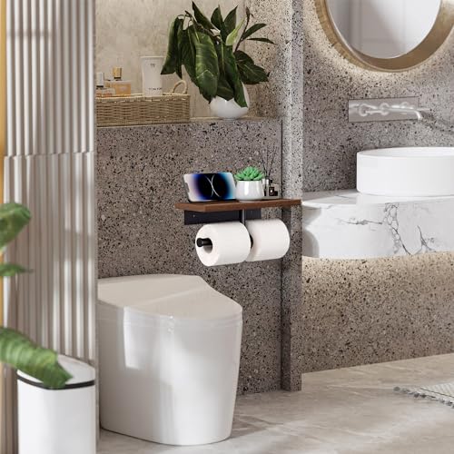 Tindbea Toilet Paper Holder with Wood Shelf, Wooden Wall Mount Tissue Paper Roll Holder, Matte Black Stainless Steel Bathroom Accessories Decor for Household Home Apartment Restroom Essential (Wenge)