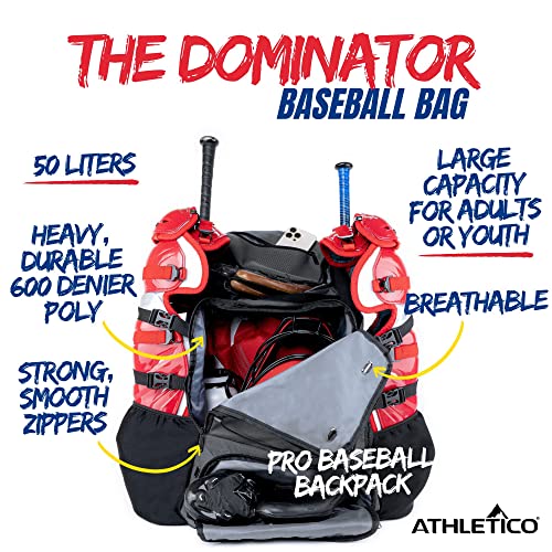 Athletico Dominator Baseball Backpack, Catchers Gear Adult Baseball Bag for 4 Bats, Large Bat Bag for Baseball Equipment, Holds Chest Protector, Helmet, Gloves, Cleats - Black