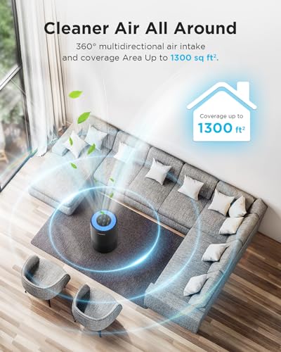 Air Purifiers for Home Large Room Pets Up to 1300 Sq Ft, MOOKA H13 True HEPA Air Purifier Cleaner with 360° Air Inlet, Fragrance, 13dB Air Purifier for Bedroom Wildfire Smoke Pet Dust Pollen (Black)