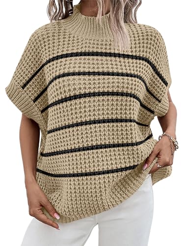 ANRABESS Womens Oversized Short Batwing Sleeve Sweater Mock Neck Casual 2024 Summer Fall Knit Sleeveless Pullover Vest Tops White Black Stripe Large