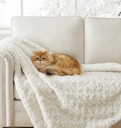 UGG 25518 Amanda Silky Smooth Extra Long Breathable Lightweight Elegant Fluffy Fuzzy Soft Luxury Cozy Faux Fur All Season Easy Care Throw Blanket for Sofa Couch or Any Room Decor, 70 x 50-inch, Stone.
