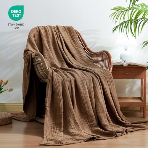 PHF Cooling Muslin Throw Blanket for Hot Sleepers, 60% Rayon Derived from Bamboo, 40% Cotton Blanket for Summer, 4-Layer Breathable Gauze Blanket for Bed Couch, 50"x60", Brown