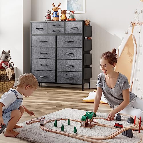 Black Dresser for Bedroom, Dresser & Chest of Drawers w/Side Pockets and Hooks, 12 Drawers Fabric Dresser Organizer, Closet Dresser Storage Modern PU Finish for Kids Room, Hallway, Entryway