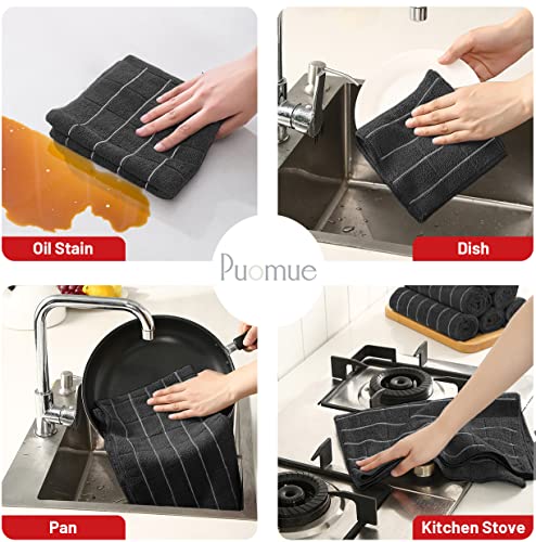 Puomue Microfiber Kitchen Towels and Dishcloths Set, 26 X 18 Inch and 12 X 12 Inch, Set of 12 Bulk Lint Free Dish Towels for Drying Dishes, Black
