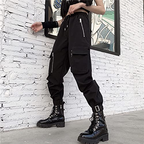MEINVQIAOTI Black Cargo Pants Women Loose Chained Pants Multi-Pocket Multi-Zip Punk Goth Pants(Black,XS)