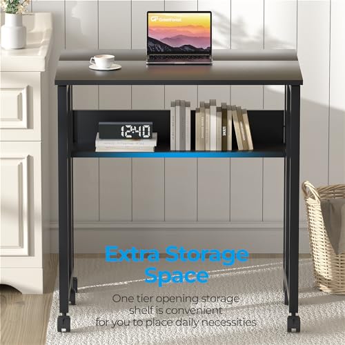 GreenForest Folding Desk Small Foldable Table with Storage Shelf,24.8 inch Rolling Computer Desk with Wheels Space Saving for Bedroom Home Office,Easy Assembly,Black