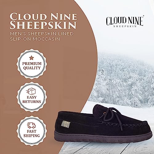 Cloud Nine Sheepskin Slippers Mens Moccasins Shoes - Sheepskin Lined Slip-on Indoor & Outdoor Moccasins for Men Black