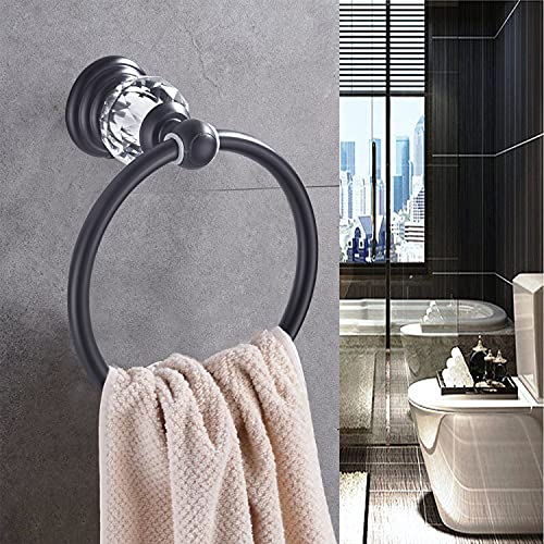 WINCASE Crystal Towel Ring, Black Hand Towel Holder, Bathroom Round Towel Hanger Racks Wall Mount Matte Black