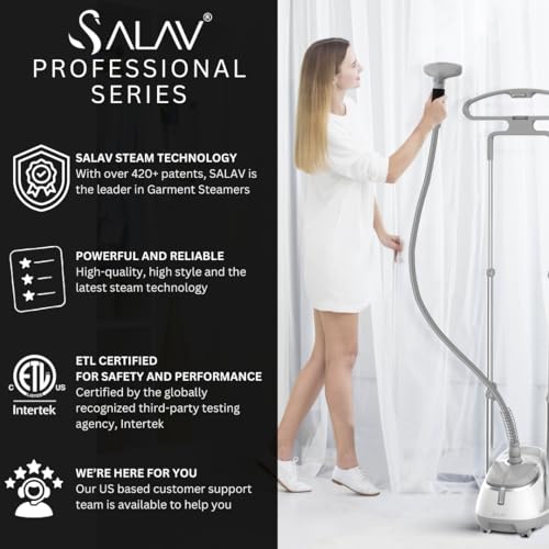 SALAV® Professional Standing Garment Steamer with Retractable Power Cord, Foot Pedal Control, Wheels for Easier Movement (Silver)