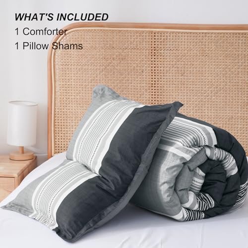 PHF Twin Comforter Set - 2 Pieces Soft Striped Bedding Comforter Sets, Charcoal Grey Stripe Fluffy Bed Set for All Season, 1 Lightweight Comforter (68"x90") and 1 Pillowcases (20"x26")