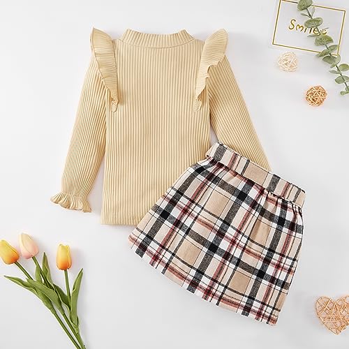 Weixinbuy Kid Toddler Girl Clothes Fall Winter Outfits Solid Long Sleeve Ribbed T-Shirt Knit Tops Plaid Button Mini Skirts Set Outfits 6-7 years old