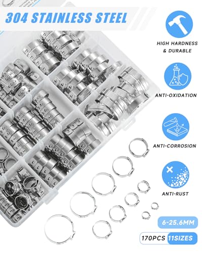 170 Pcs 304 Stainless Steel Single Ear Hose Clamp, 11 Sizes 1/4-1 Inch Constant Crimp Stepless Cinch Rings Crimp Assortment Kit with Ear Clamp Pincer for Water Pipe By PEROMI