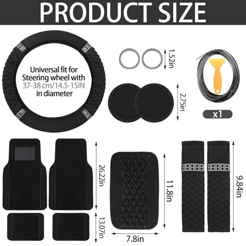 BBTO 43 Pcs Bling Car Accessories Set for Women Front Seats and Rear Bench Polyester Car Seat Protectors Wheel Cover Seat Floor Mats Full Crystal Automotive Interior Decor(Black)