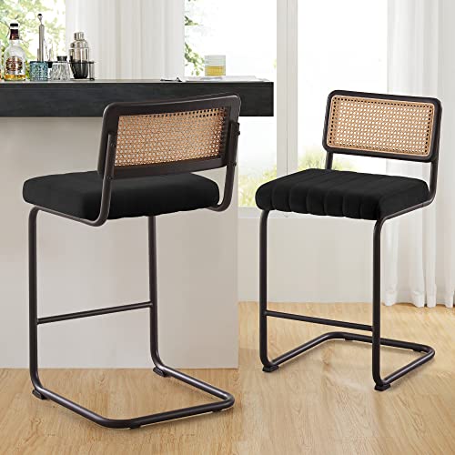 Counter Height Bar Stools Set of 2, 26" Rattan Counter Stool Velvet Upholstered Barstool with Cane Back & Metal Frame, Mid Century Modern Bar Chair Armless Kitchen Stool for Counter Island (Black)
