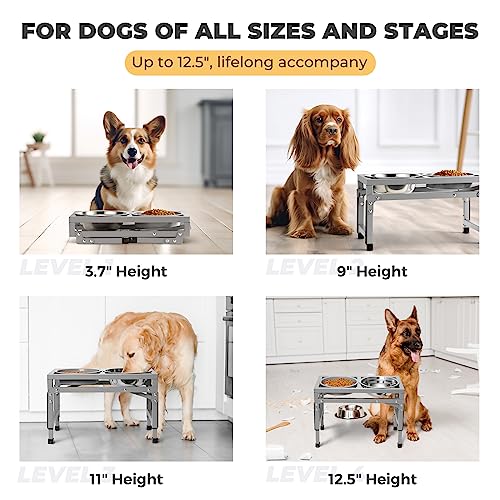 Veehoo Elevated Dog Bowls - Metal Stand with Slow Feeder & 2 Stainless Steel Food/Water Bowls, Non-Slip, Adjusts to 3.7"-12" for Large, Medium & Small Dogs, Grey