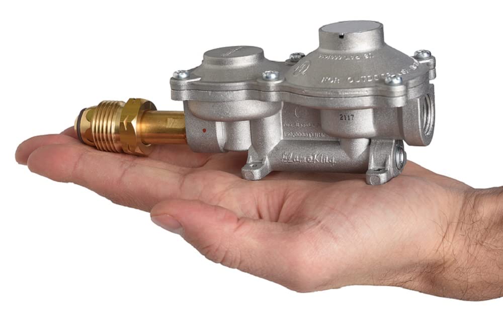 Flame King 2 Stage Propane LP Horizontal Super Compact Regulator with POL for RV, Vans, Trailers, Campers, 100lb tank, ASME Tank, Generators (G2R150B-POLa), POL Single Tank Regulator