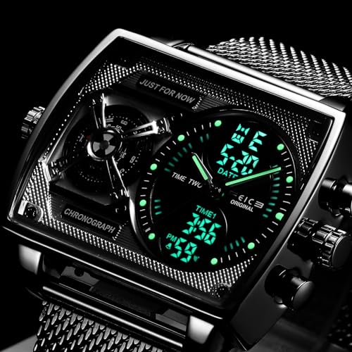 FEICE Men's Square Digital LED Watch - Multifunction Chronograph with Analog Quartz Movement, Stainless Steel Band, Dual Time Display, Waterproof Wristwatch FK814
