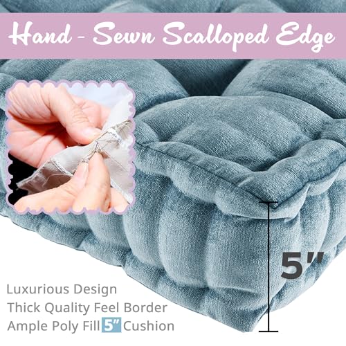 Intelligent Design Loretta Chenille Round Floor Pillow Meditation Cushion, Soft Color & Natural Luster Button Tufted with Elegant Pleated Details, Dia 22"x6"H, Aqua