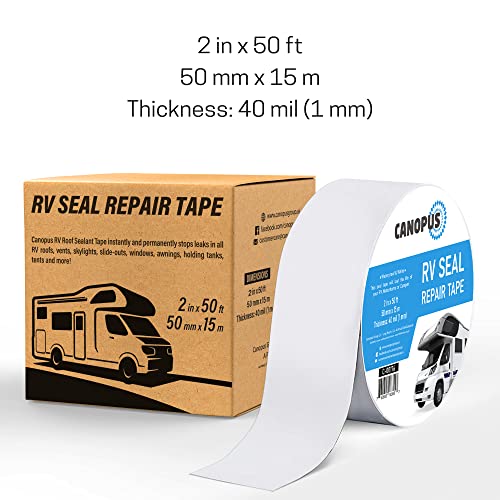 CANOPUS RV Sealant Tape, White, 2 Inch x 50 Feet, Roof Patch Repair Tape, Waterproof Leak Tape for RV punctures, Boat Sealing, Camper, Awning, Canopy, Tents, Tarpaulin and Greenhouse