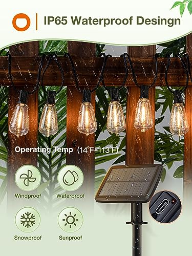 addlon 33(27+6) FT Solar String Lights Waterproof,Patio Lights Solar Powered with Remote& USB Port 12+1 LED Shatterproof Bulbs 3 Lighting Modes Outdoor Lights for Camping Backyard Garden