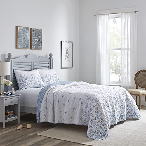 Laura Ashley Home - Twin Quilt Set, Reversible Cotton Bedding with Matching Sham, Pre-Washed Home Decor for Added Softness (Flora Blue, Twin)
