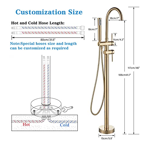 YAGATAP Freestanding Bathtub Faucet Floor Mount Tub Filler Brushed Gold High Flow Shower Faucets with Handheld Shower Mixer Taps Swivel Spout