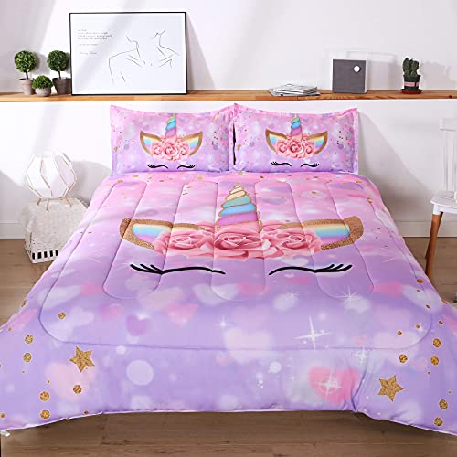 Oecpkd Cute Unicorn Comforter Sets Rainbow Soft Girls Comforter Sets 3pc Pink Flower Girl Unicorn Bedding Sets