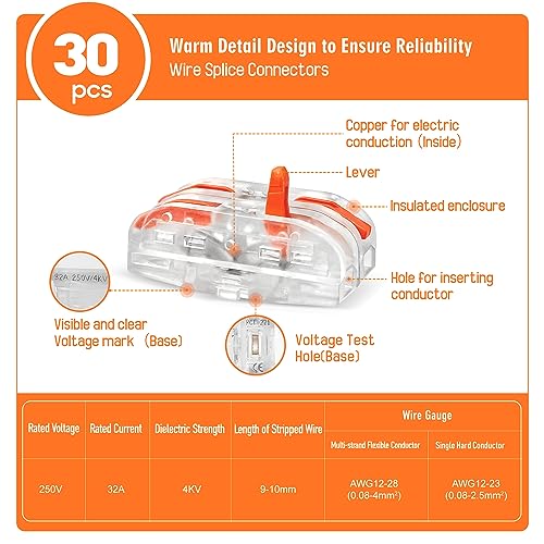 Kuject Electrical Lever Wire Connectors, 30PCS Wire Splice Connectors for 28-12 AWG, Wire Connectors Push-in with 1 to 1 Circuit Inline Splices