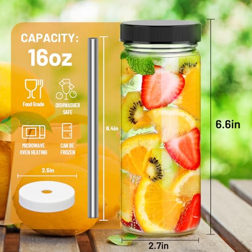 Luxfuel 24 oz Clear Glass Bottles with Lids, Reusable Refillable Water Bottles for Juicing,Refrigerator,100% Leak Proof, BPA Free,Water Bottle Set of 10