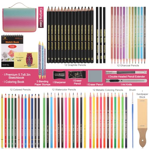 78pcs Drawing Kit Sketching Set Art Supplies with 3-Color Sketchbook Colorful Portable Case Colored Graphite Charcoal Watercolor Mettallic Pencil sketch draw gift set for Artist Adult Beginner