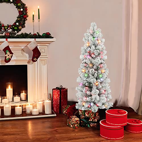 4.5 ft Flocked Portland Pine Pencil Tree with 195 Tips,100 UL Multi-Color Incandescent Lights