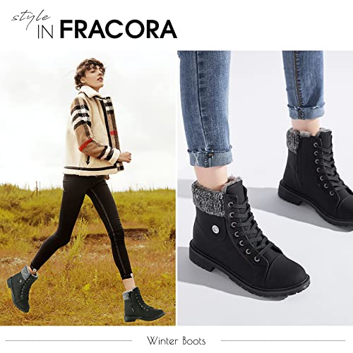 FRACORA Women's PU Leather Combat Boots Warm Fur Lined Black Ankle Booties Side Zipper White Boots Non-slip Waterproof Winter Boots(Black.US6)