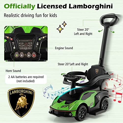 Costzon Push Cars for Toddlers, 3 in 1 Licensed Lamborghini Stroller Sliding Walking Car w/Handle, Armrest Guardrail, Underneath Storage, Horn, Foot-to-Floor Ride On Toy for Boys Girls (Green)