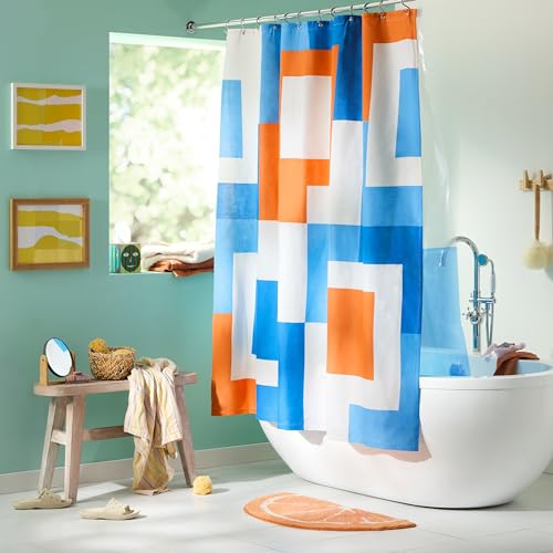 TOWN & COUNTRY PLAY Lucy Mid Century Squares Cotton-Rich Breathable Fabric Shower Curtain with Anti-Rust Grommets, White/Orange/Blue, 70"x72"