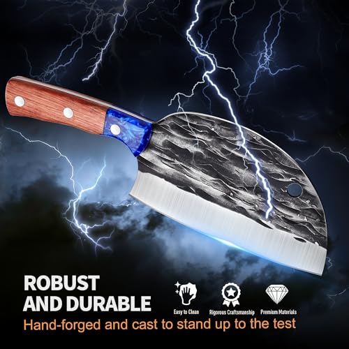 ROCOCO Serbian Chef Knife Hand Forged Butcher Knife Japanese Full Tang Knife with Sheath for Kitchen Outdoor BBQ Camping Birthday Christmas Gift Men