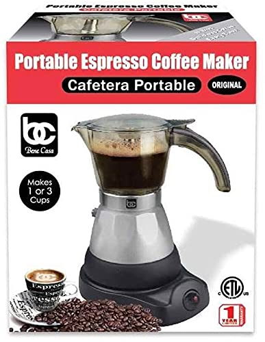 Bene Casa - Black Espresso Coffee Maker with Transparent Carafe - Brews 3 Cups in 5 Minutes - Includes Cool-touch Handle and Automatic Shut Off Feature