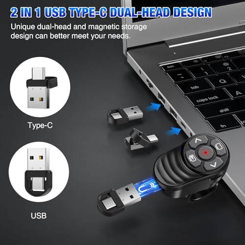 Rechargeable 2-in-1 USB Type C Wireless Presentation Clicker, Finger Ring Presentations Powerpoint Clicker with Light Pointer and Volume Control,Wireless Presenter Remote for MAC Computer Laptop