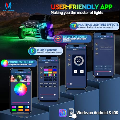 MICTUNING C2 Max RGB+IC Chasing Color LED Rock Lights - 8 Pods Underglow Lighting Kit, Dynamic Lighting Modes, Extensible Up to 24 Pods with Stable APP Control, IP68 Waterproof, DIY Effect