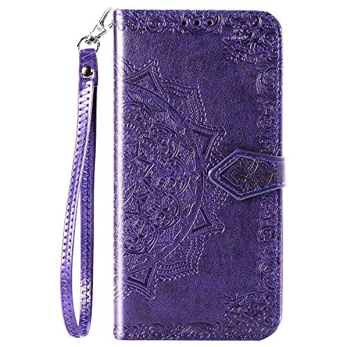 CaseHQ Compatible with iPhone 12 Mini Case 5.4 inch(2020),Wallet Case for Women and Girls,Premium Strap with Card Holder,3D Embossed Datura Flower,Pu Leather Flip-Purple