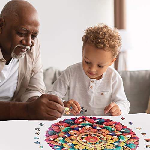 Colorful Mandala Wooden Puzzles for Adults, 200 Piece Unique Shaped Wood Jigsaw Puzzles for Adults and Kids, Fun Challenging Puzzles Family Game Gift, Medium 11.4'' x 11.1''