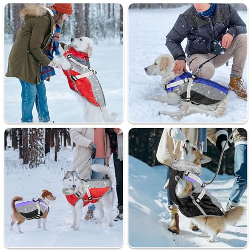 SlowTon Dog Jacket with Harness Built in, Waterproof Fleece Winter Warm Dog Coats for Small Medium Dogs, Reflective Adjustable Furry Puppy Vest Clothes for Outdoor Walking (Blue,Size X-Small)